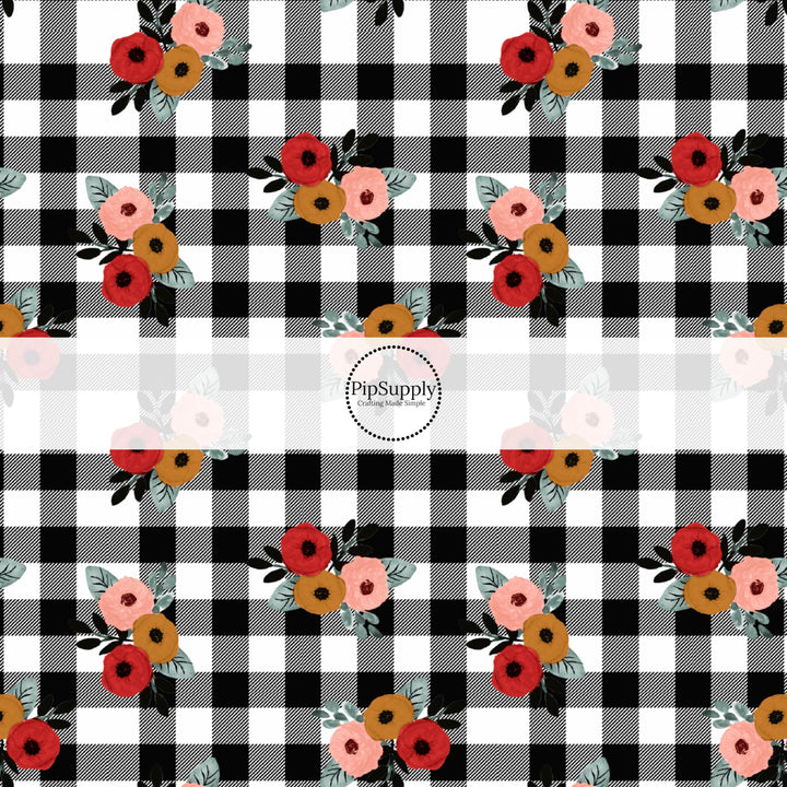 These fall themed checker pattern fabric by the yard features black and white checker pattern with floral red, brown, and light pink flowers. This fun fall themed fabric can be used for all your sewing and crafting needs! 