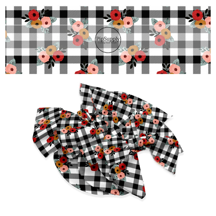 These fall themed checker pattern no sew bow strips can be easily tied and attached to a clip for a finished hair bow. These fun fall bow strips are great for personal use or to sell. The bow strips features black and white checker pattern with floral red, brown, and light pink flowers. 