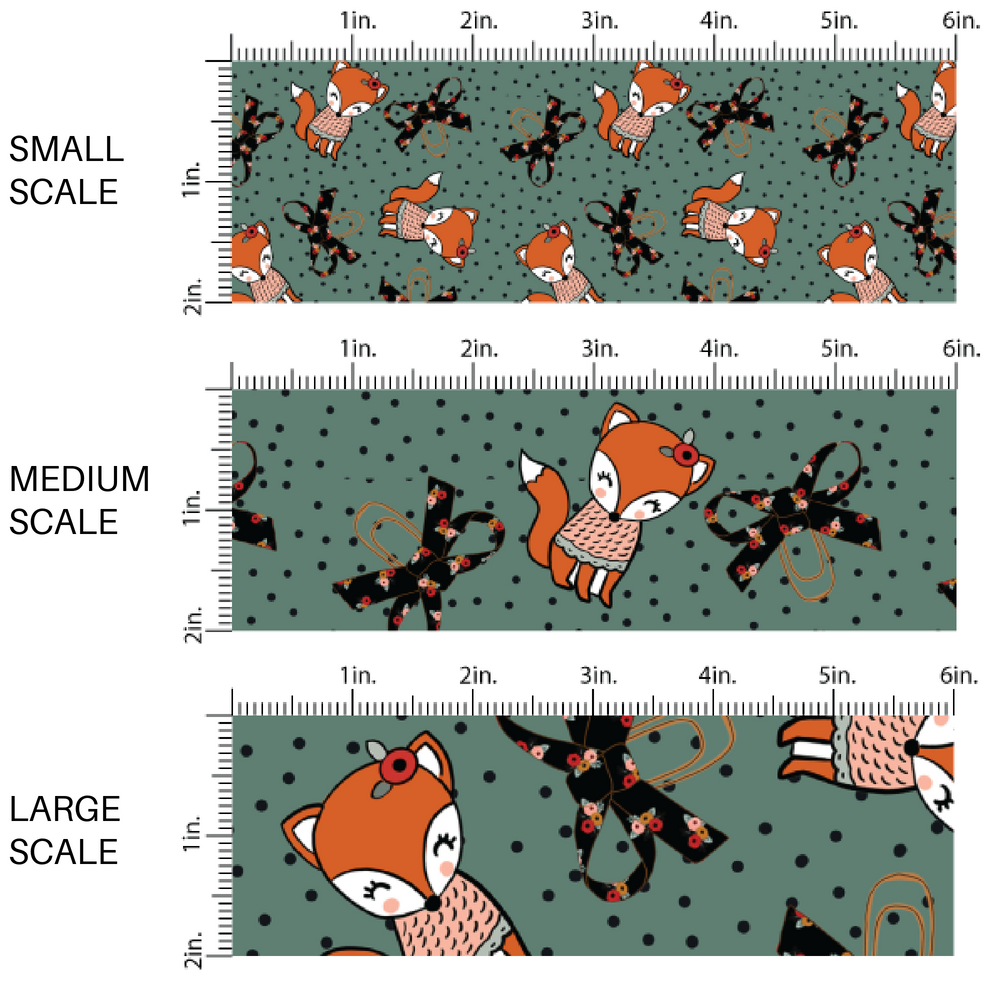 This scale chart of small scale, medium scale, and large scale of these fall dot themed teal fabric by the yard features orange foxes with black bows on blue with small black dots. This fun fall themed fabric can be used for all your sewing and crafting needs! 