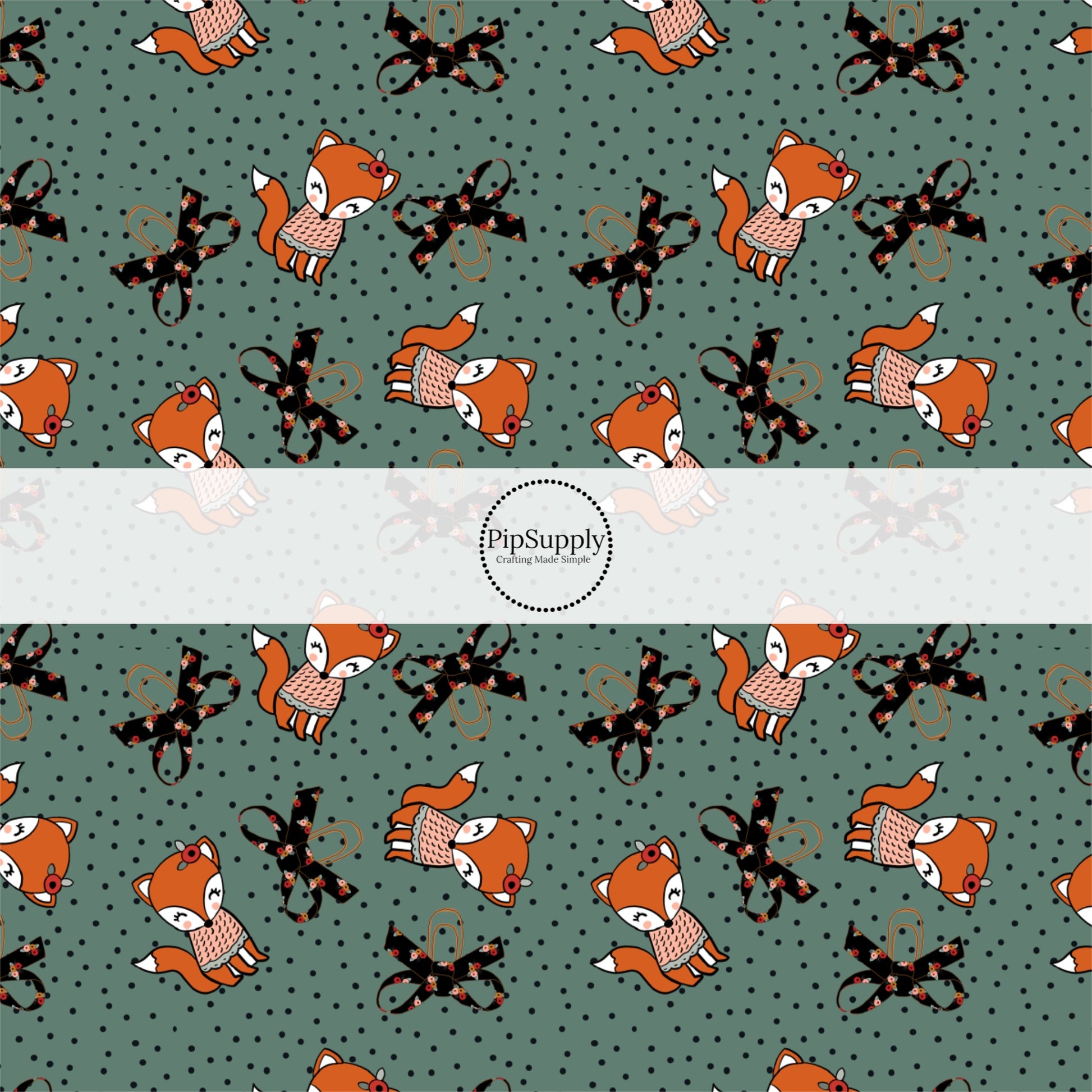 These fall dot themed teal fabric by the yard features orange foxes with black bows on blue with small black dots. This fun fall themed fabric can be used for all your sewing and crafting needs! 