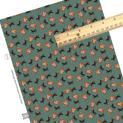 These fall dot themed teal faux leather sheets contain the following design elements: orange foxes with black bows on blue with small black dots. Our CPSIA compliant faux leather sheets or rolls can be used for all types of crafting projects.