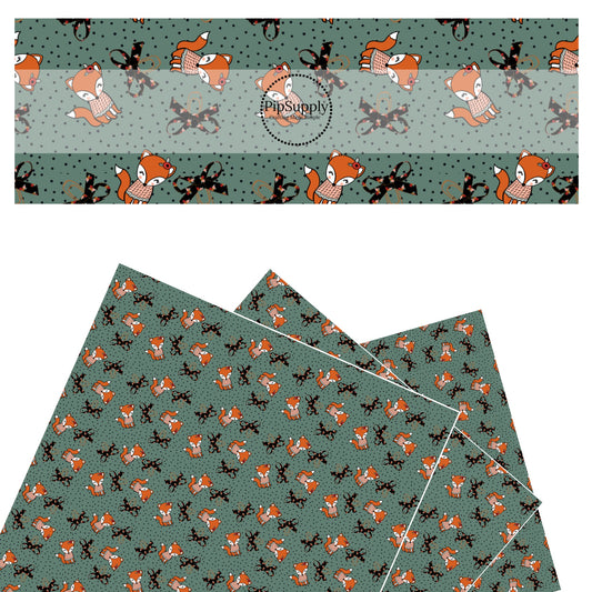 These fall dot themed teal faux leather sheets contain the following design elements: orange foxes with black bows on blue with small black dots. Our CPSIA compliant faux leather sheets or rolls can be used for all types of crafting projects.