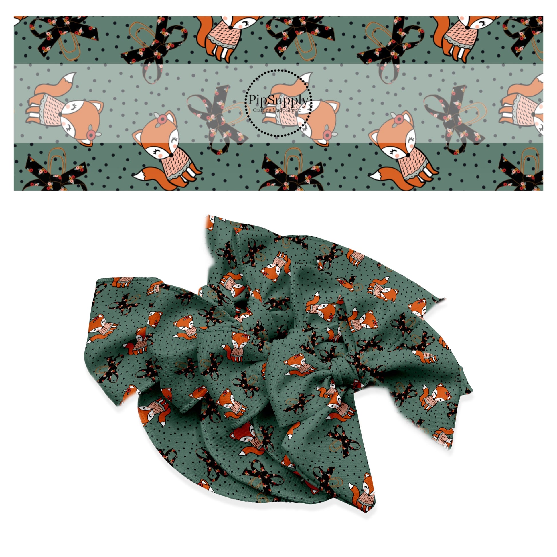 These fall dot themed teal no sew bow strips can be easily tied and attached to a clip for a finished hair bow. These fun fall bow strips are great for personal use or to sell. The bow strips features orange foxes with black bows on blue with small black dots. 