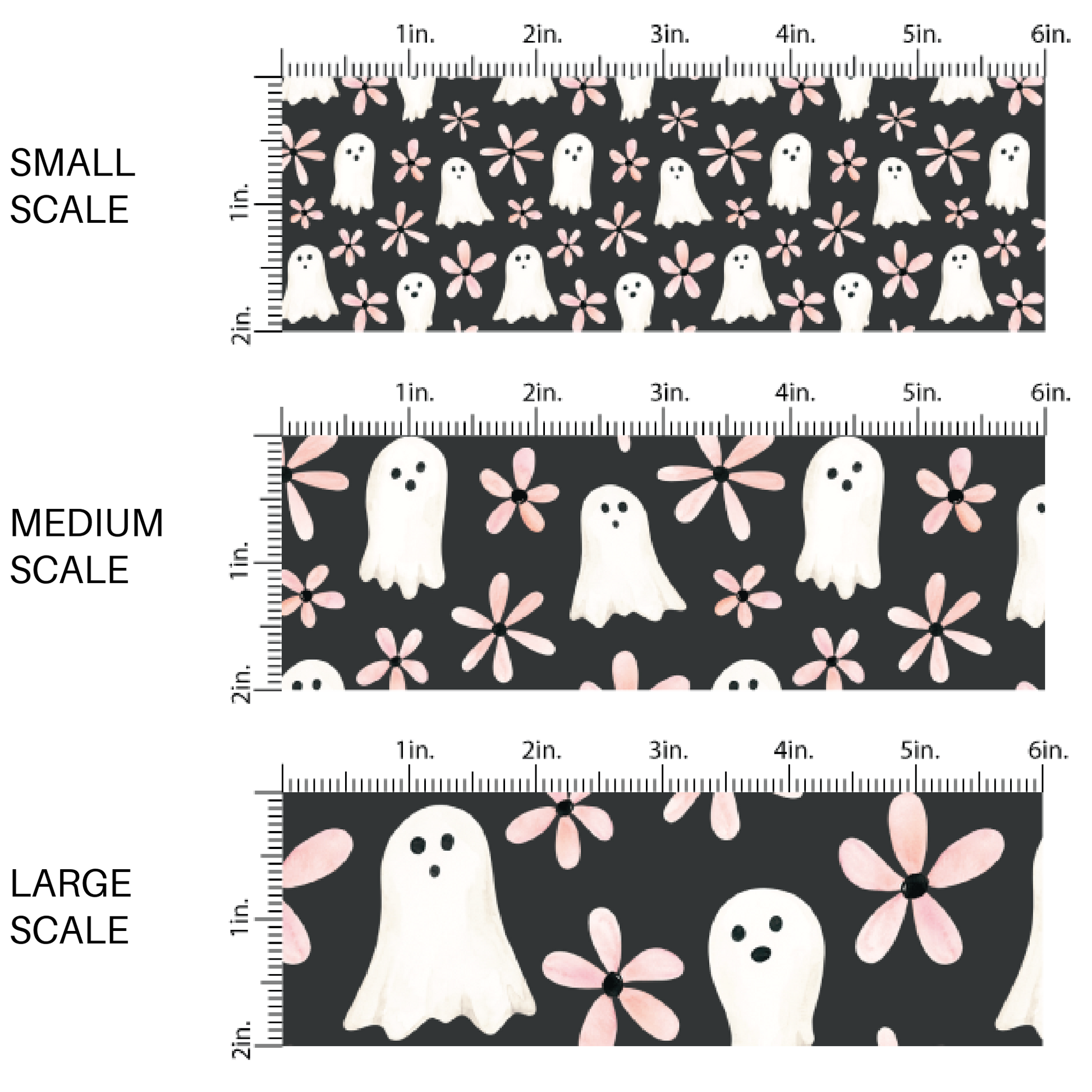 This scale chart of small scale, medium scale, and large scale of these Halloween themed black fabric by the yard features ghosts and floral pink daisies on black. This fun spooky themed fabric can be used for all your sewing and crafting needs! 