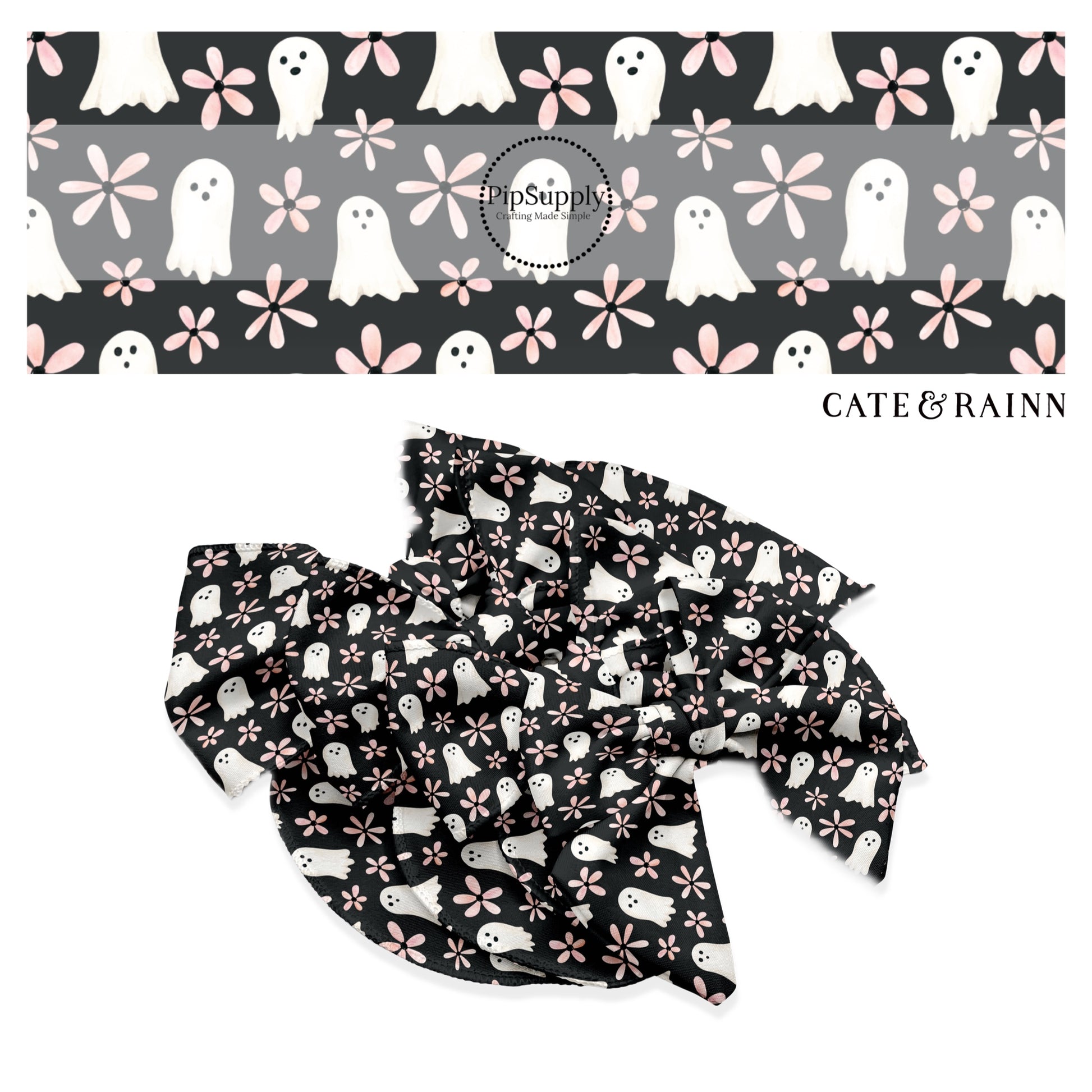 These Halloween themed black no sew bow strips can be easily tied and attached to a clip for a finished hair bow. These fun spooky bow strips are great for personal use or to sell. The bow stripes features ghosts and floral pink daisies on black.