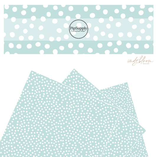 These small dots on a light teal faux leather sheets contain the following design elements: small dots in white scattered on a teal blue background. 