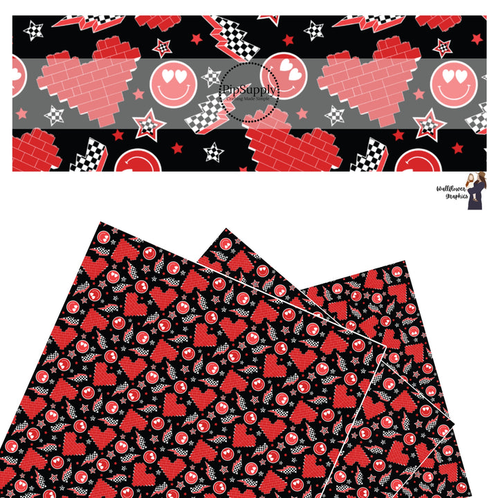 Red hearts and smiley faces with lightning bolts on black faux leather sheets