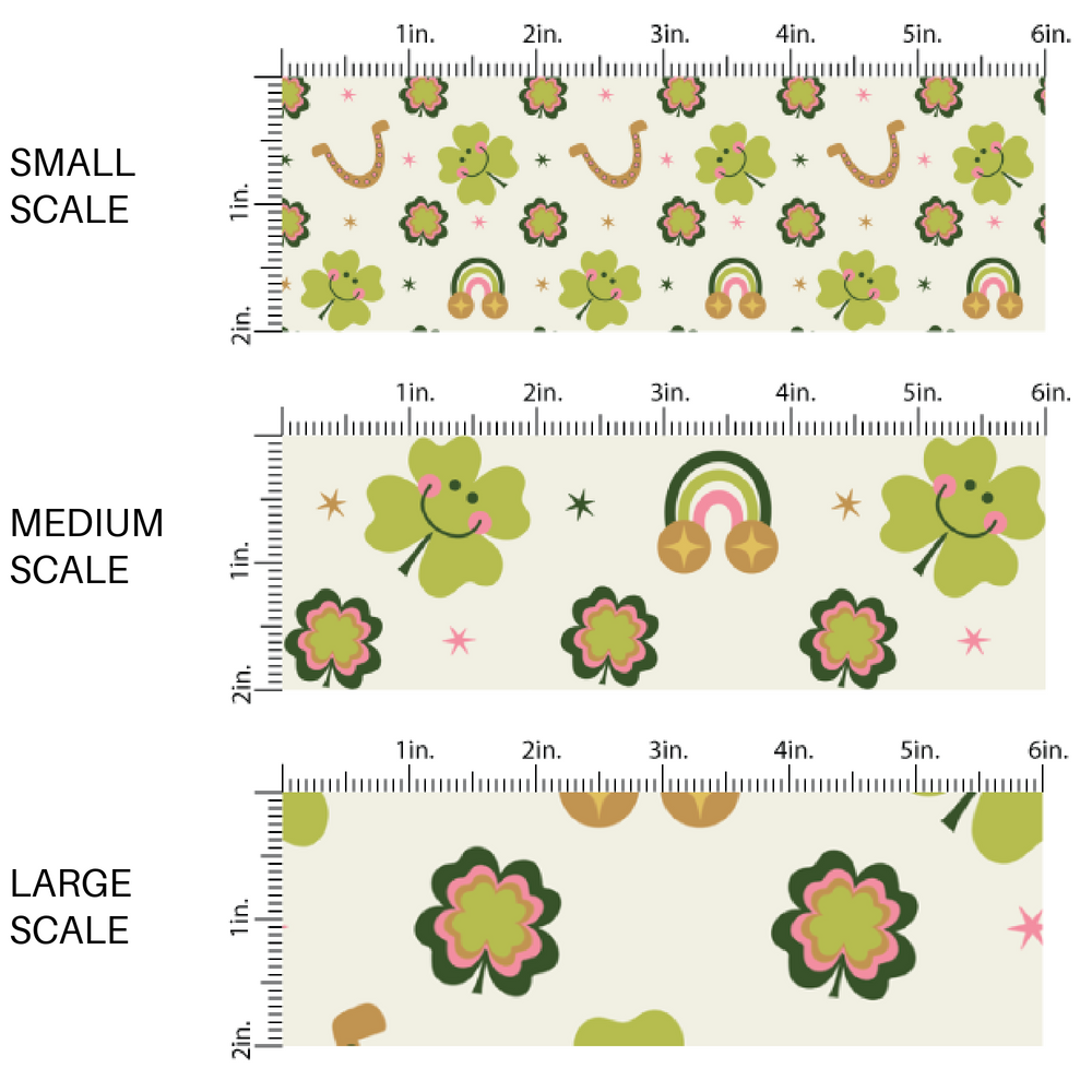 Smiling Clovers, Rainbows, and Horseshoes on Pale Green Fabric by the Yard scaled image guide.