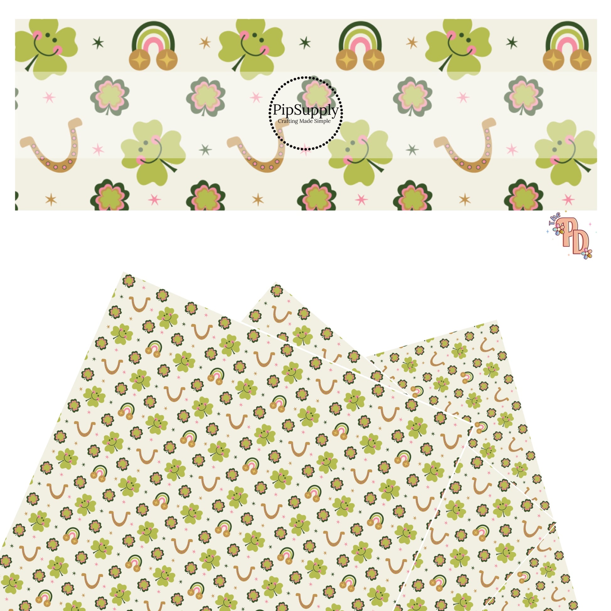 These St. Patrick's Day pattern themed faux leather sheets contain the following design elements: rainbows, shamrocks, horseshoes, and stars on light green. Our CPSIA compliant faux leather sheets or rolls can be used for all types of crafting projects.