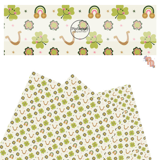 These St. Patrick's Day pattern themed faux leather sheets contain the following design elements: rainbows, shamrocks, horseshoes, and stars on light green. Our CPSIA compliant faux leather sheets or rolls can be used for all types of crafting projects.