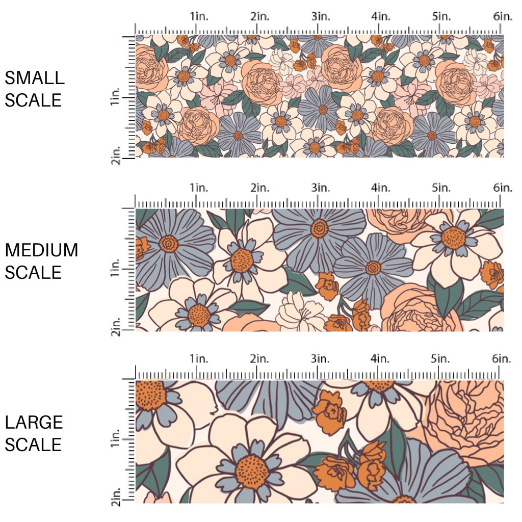 This scale chart of small scale, medium scale, and large scale of this summer fabric by the yard features multi colored peach, blue, and cream flowers. This fun summer themed fabric can be used for all your sewing and crafting needs!