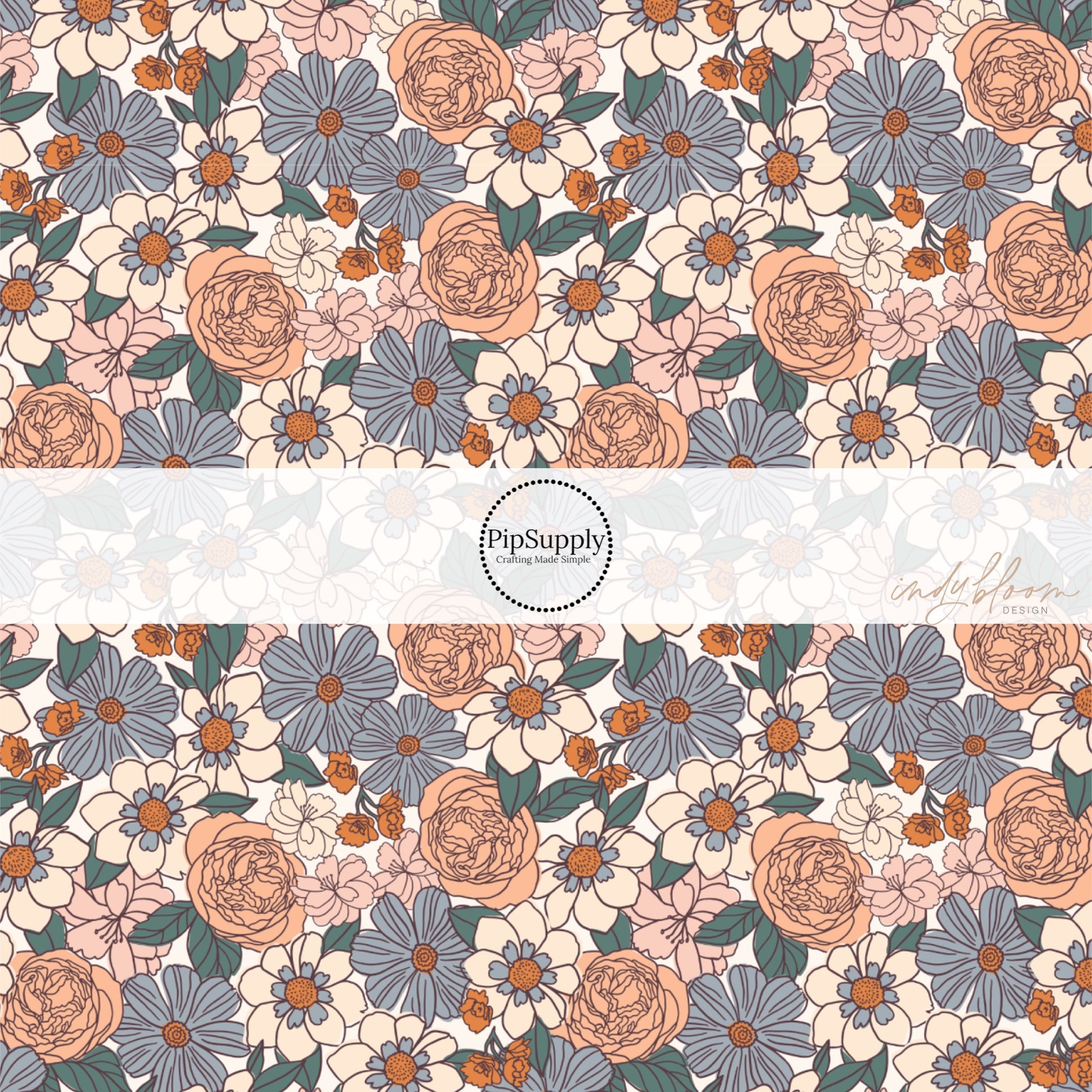 This summer fabric by the yard features multi colored peach, blue, and cream flowers. This fun summer themed fabric can be used for all your sewing and crafting needs!