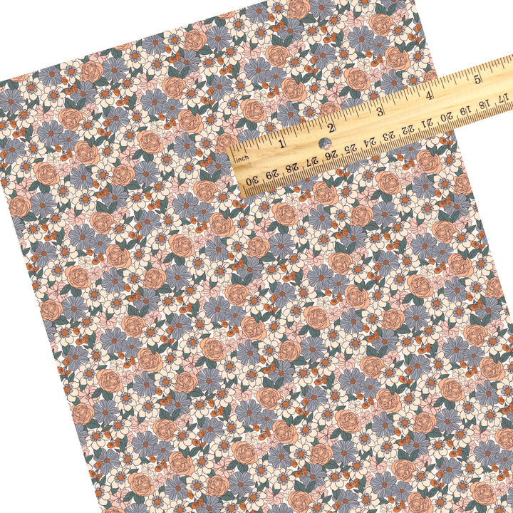 These summer faux leather sheets contain the following design elements: multi colored peach, blue, and cream flowers. Our CPSIA compliant faux leather sheets or rolls can be used for all types of crafting projects.