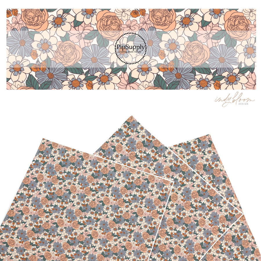 These summer faux leather sheets contain the following design elements: multi colored peach, blue, and cream flowers. Our CPSIA compliant faux leather sheets or rolls can be used for all types of crafting projects.