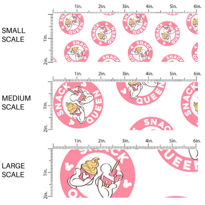 This scale chart of small scale, medium scale, and large scale of this magical inspired fabric by the yard features the following design: "SNACK QUEEN" mouse ears and dessert. This fun themed fabric can be used for all your sewing and crafting needs!