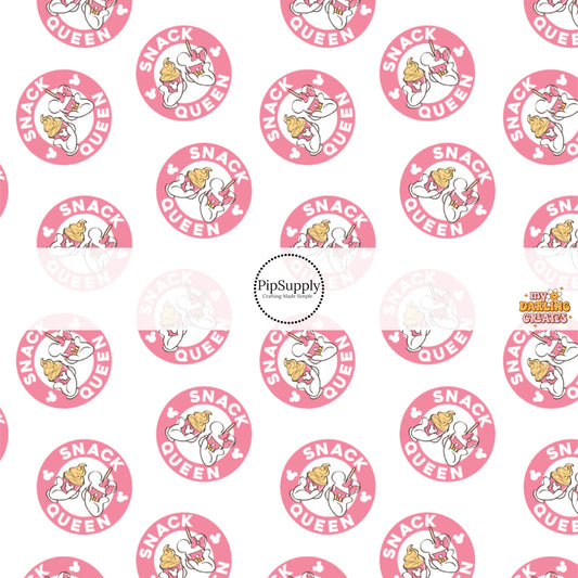 This magical inspired fabric by the yard features the following design: "SNACK QUEEN" mouse ears and dessert. This fun themed fabric can be used for all your sewing and crafting needs!