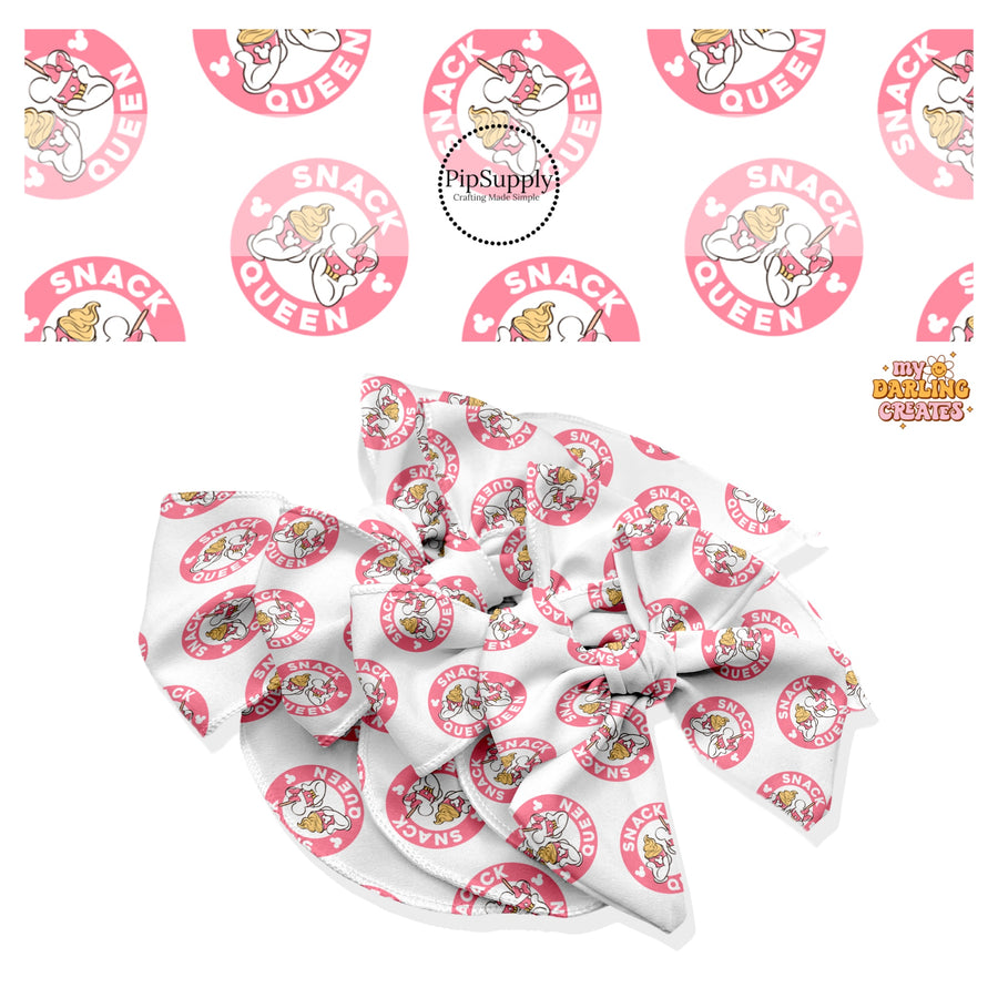 These magical inspired themed no sew bow strips can be easily tied and attached to a clip for a finished hair bow. These fun themed patterned bow strips are great for personal use or to sell. These bow strips feature the following "SNACK QUEEN" mouse ears and dessert.