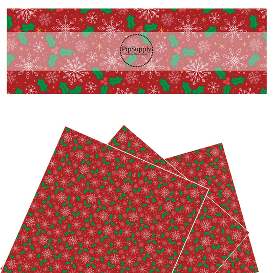 Holly leaves with snowfalkes on red faux leather sheets