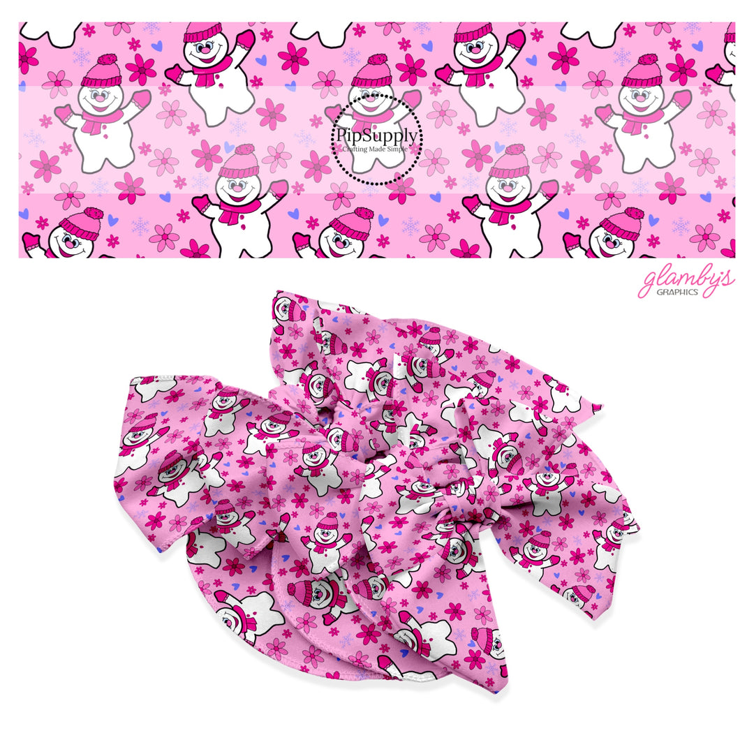 Girly snowman with flowers and hearts on pink hair bow strips