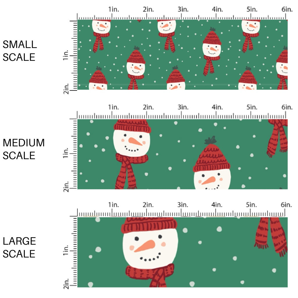 These Christmas snowmen themed pattern fabric by the yard features the following design elements: snowmen with red hats and scarves surrounded by dots on green. This fun themed fabric can be used for all your sewing and crafting needs!