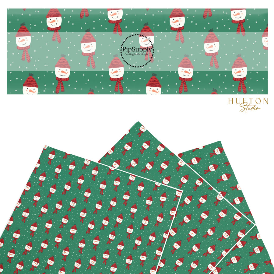 These Christmas snowmen themed pattern faux leather sheets contain the following design elements: snowmen with red hats and scarves surrounded by dots on green. Our CPSIA compliant faux leather sheets or rolls can be used for all types of crafting projects.