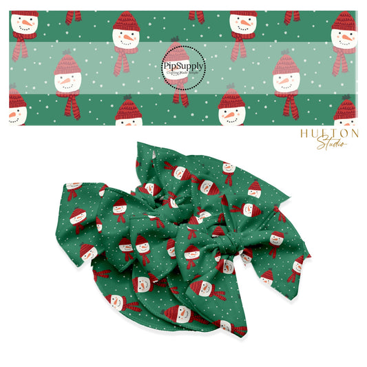 These Christmas snowmen themed no sew bow strips can be easily tied and attached to a clip for a finished hair bow. These fun patterned bow strips are great for personal use or to sell. These bow strips feature the following design elements: snowmen with red hats and scarves surrounded by dots on green.