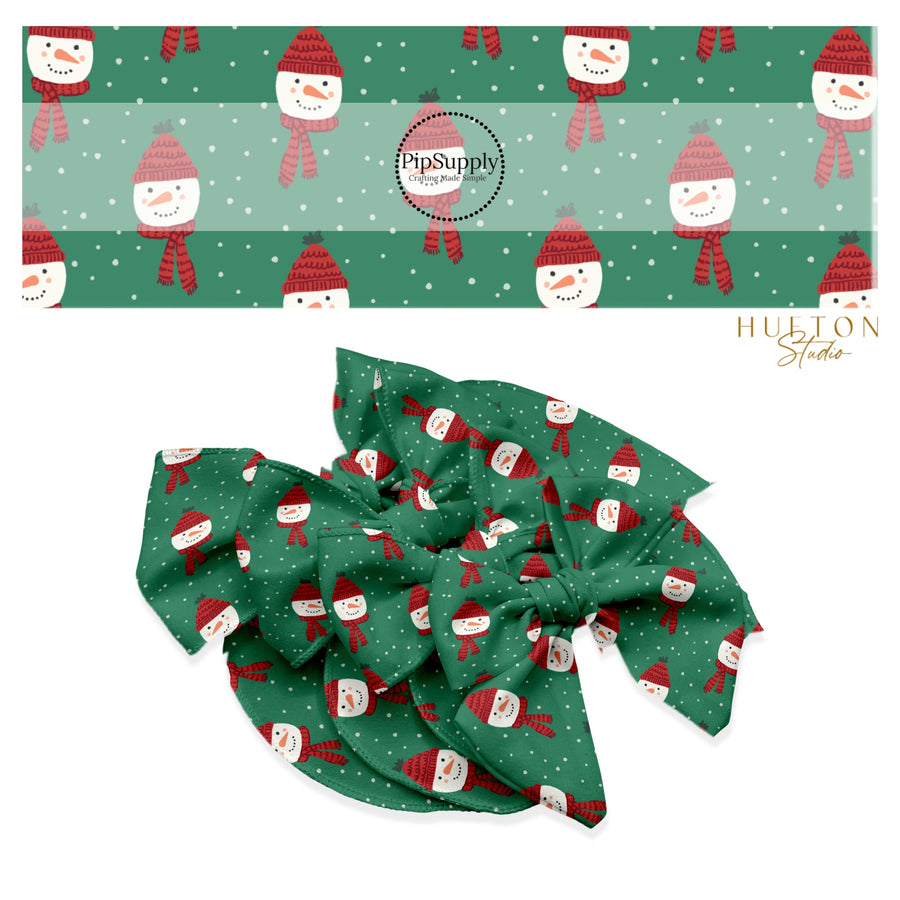 These Christmas snowmen themed no sew bow strips can be easily tied and attached to a clip for a finished hair bow. These fun patterned bow strips are great for personal use or to sell. These bow strips feature the following design elements: snowmen with red hats and scarves surrounded by dots on green.