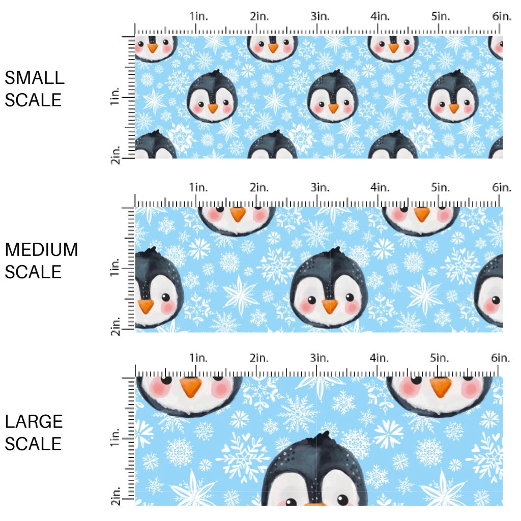 These winter themed pattern fabric by the yard features the following design elements: penguins surrounded by white snowflakes on blue. This fun themed fabric can be used for all your sewing and crafting needs!