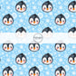 These winter themed pattern fabric by the yard features the following design elements: penguins surrounded by white snowflakes on blue. This fun themed fabric can be used for all your sewing and crafting needs!