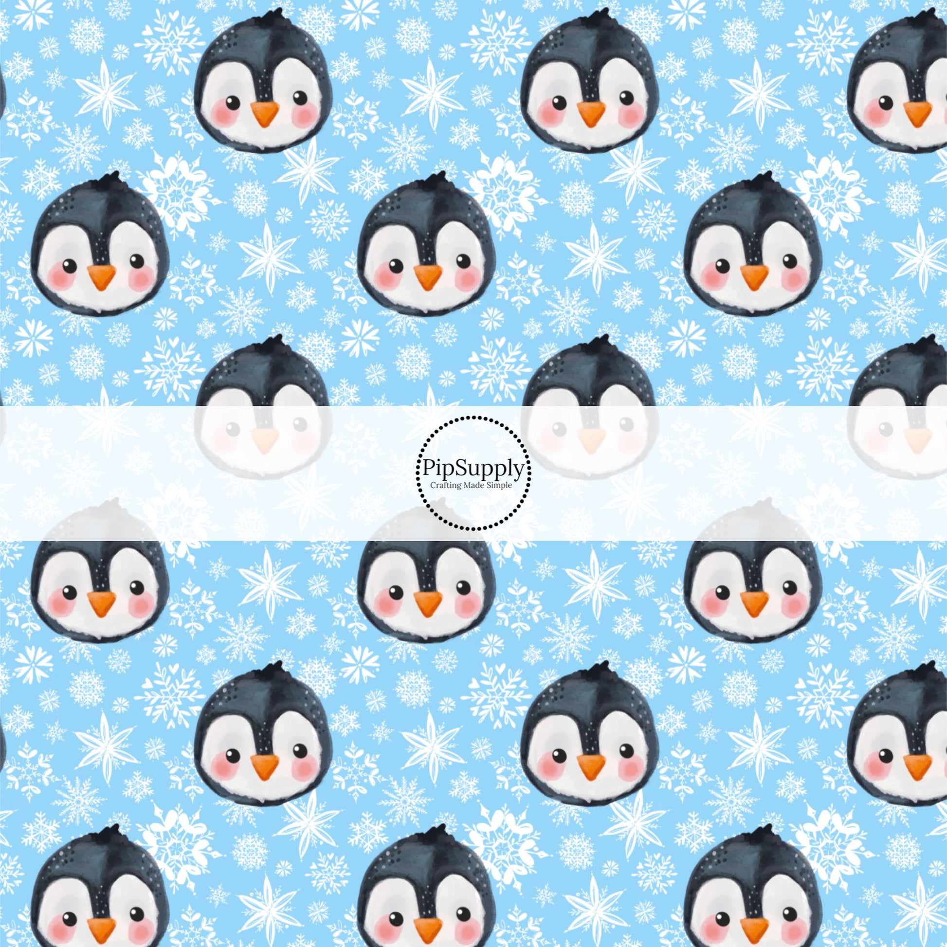 These winter themed pattern fabric by the yard features the following design elements: penguins surrounded by white snowflakes on blue. This fun themed fabric can be used for all your sewing and crafting needs!