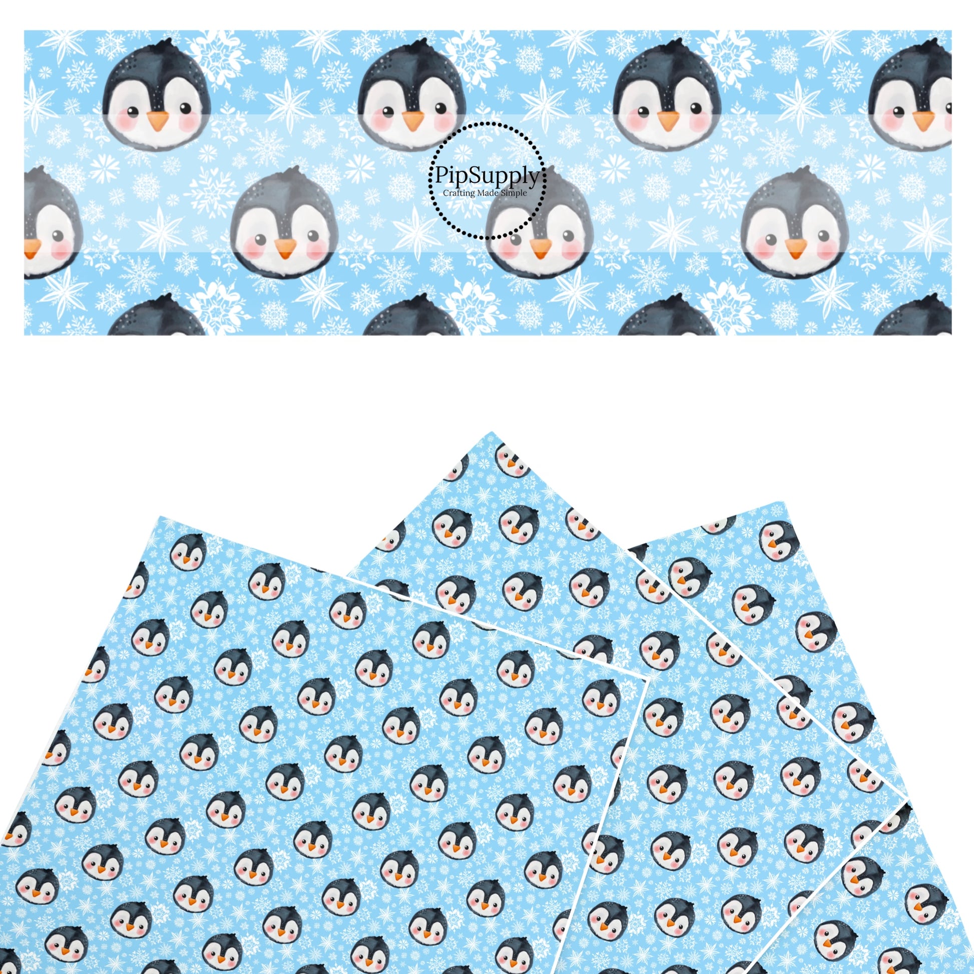 These winter themed pattern faux leather sheets contain the following design elements: penguins surrounded by white snowflakes on blue. Our CPSIA compliant faux leather sheets or rolls can be used for all types of crafting projects.