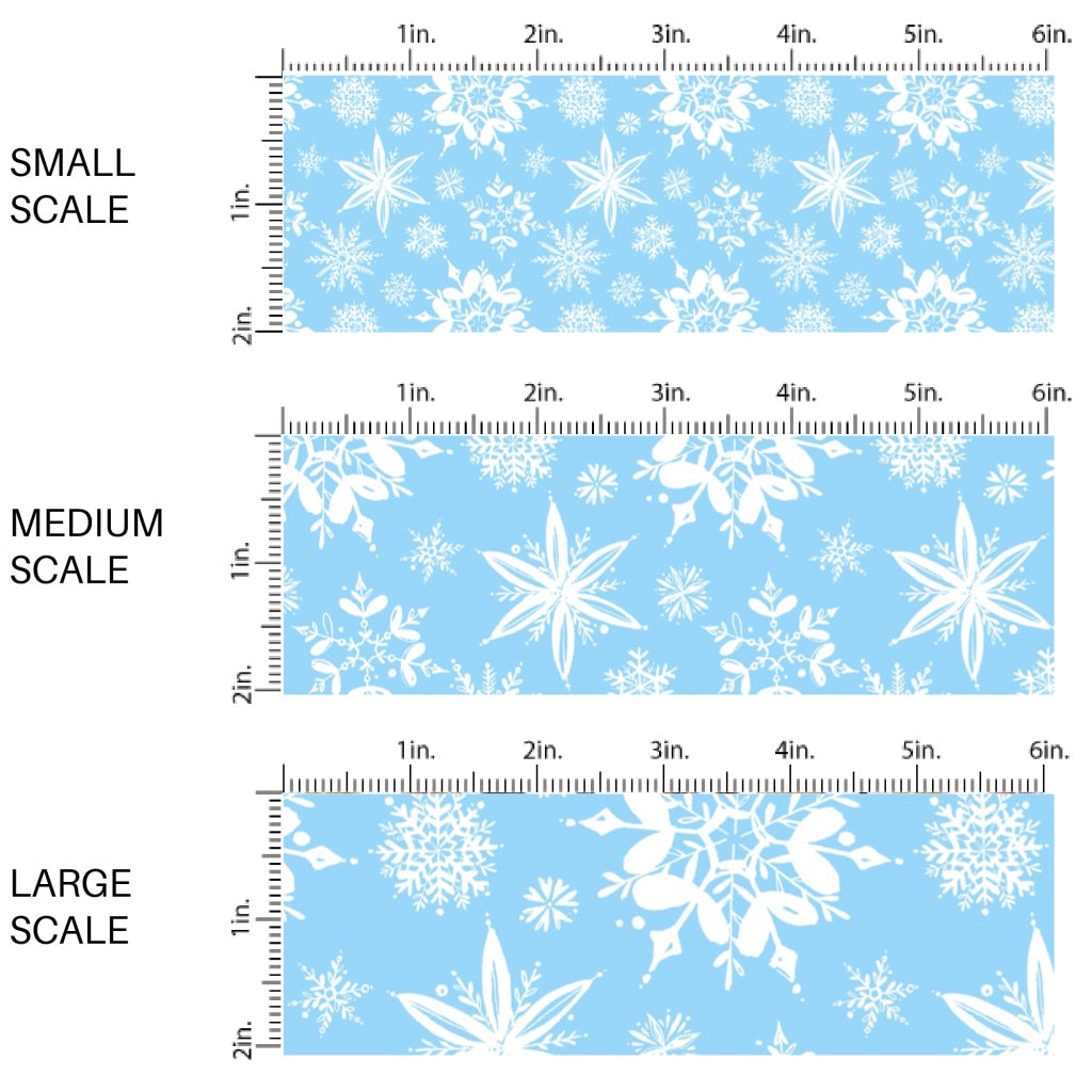 These Santa themed pattern fabric by the yard features the following design elements: white snowflakes on blue. This fun themed fabric can be used for all your sewing and crafting needs!