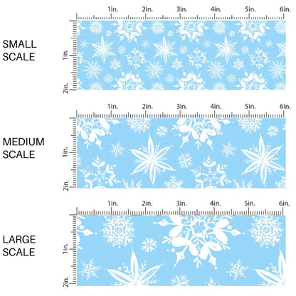 These Santa themed pattern fabric by the yard features the following design elements: white snowflakes on blue. This fun themed fabric can be used for all your sewing and crafting needs!