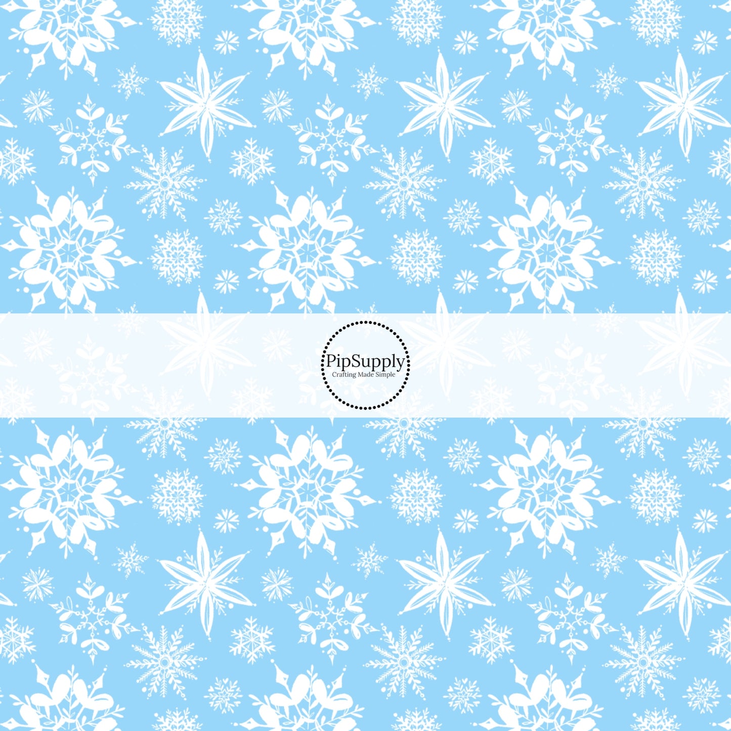 These Santa themed pattern fabric by the yard features the following design elements: white snowflakes on blue. This fun themed fabric can be used for all your sewing and crafting needs!