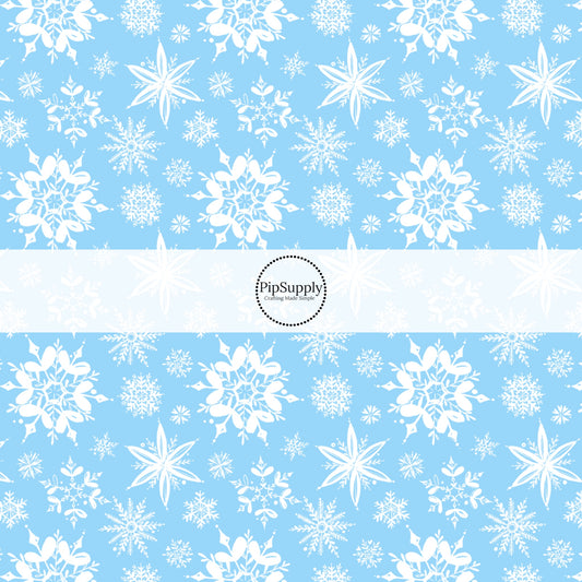 These Santa themed pattern fabric by the yard features the following design elements: white snowflakes on blue. This fun themed fabric can be used for all your sewing and crafting needs!