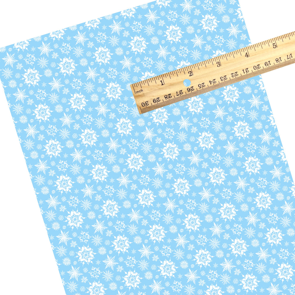 These Santa themed pattern faux leather sheets contain the following design elements: white snowflakes on blue. Our CPSIA compliant faux leather sheets or rolls can be used for all types of crafting projects.