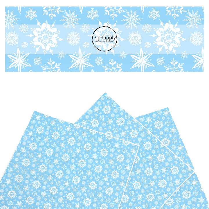 These Santa themed pattern faux leather sheets contain the following design elements: white snowflakes on blue. Our CPSIA compliant faux leather sheets or rolls can be used for all types of crafting projects.