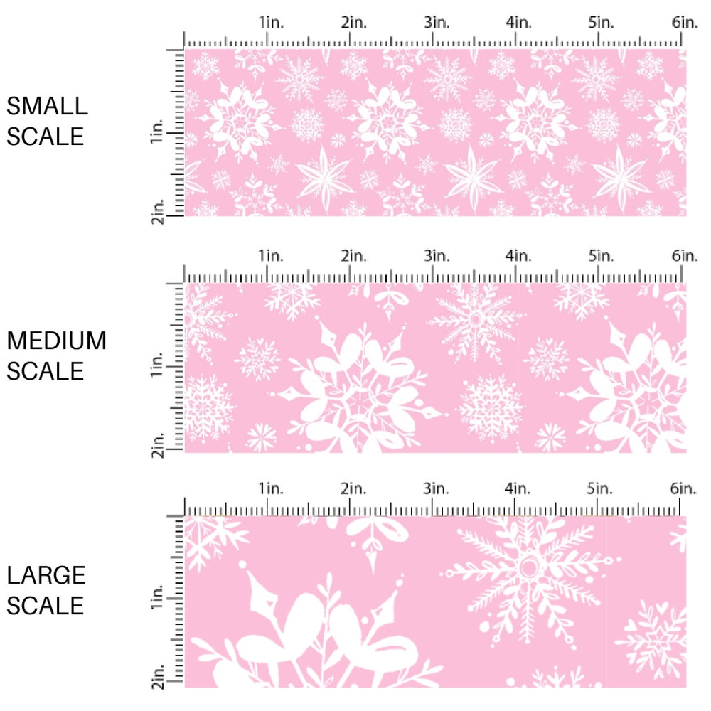 These Santa themed pattern fabric by the yard features the following design elements: white snowflakes on pink. This fun themed fabric can be used for all your sewing and crafting needs!