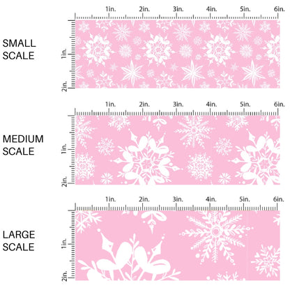 These Santa themed pattern fabric by the yard features the following design elements: white snowflakes on pink. This fun themed fabric can be used for all your sewing and crafting needs!