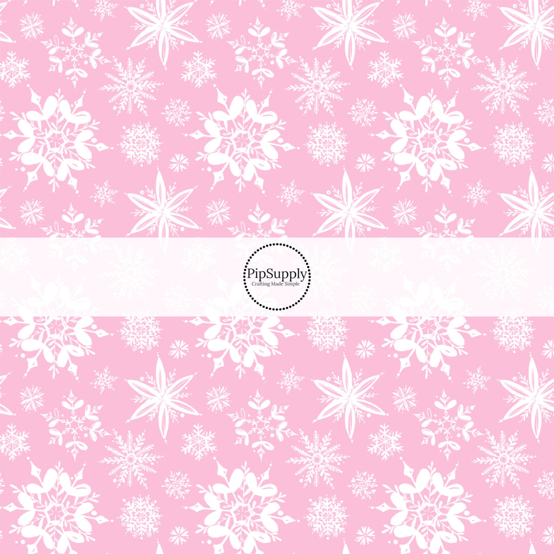 These Santa themed pattern fabric by the yard features the following design elements: white snowflakes on pink. This fun themed fabric can be used for all your sewing and crafting needs!