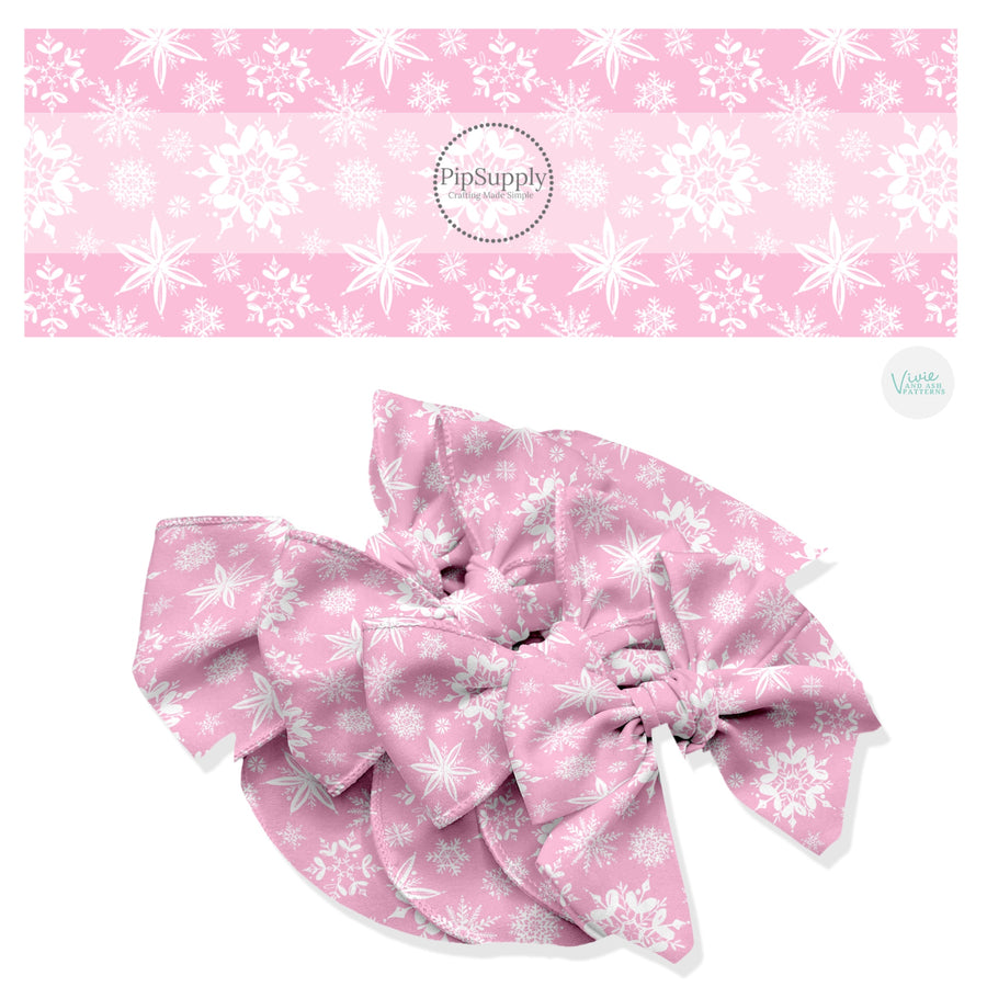 These winter themed no sew bow strips can be easily tied and attached to a clip for a finished hair bow. These fun patterned bow strips are great for personal use or to sell. These bow strips feature the following design elements: white snowflakes on pink.