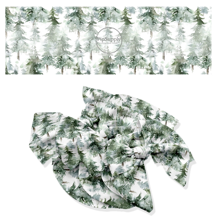 These winter nature no sew bow strips can be easily tied and attached to a clip for a finished hair bow. These winter bow strips are great for personal use or to sell. These bow strips feature the following design elements: pine trees on cream.