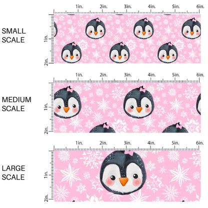 These winter themed pattern fabric by the yard features the following design elements: penguins surrounded by white snowflakes on pink. This fun themed fabric can be used for all your sewing and crafting needs!