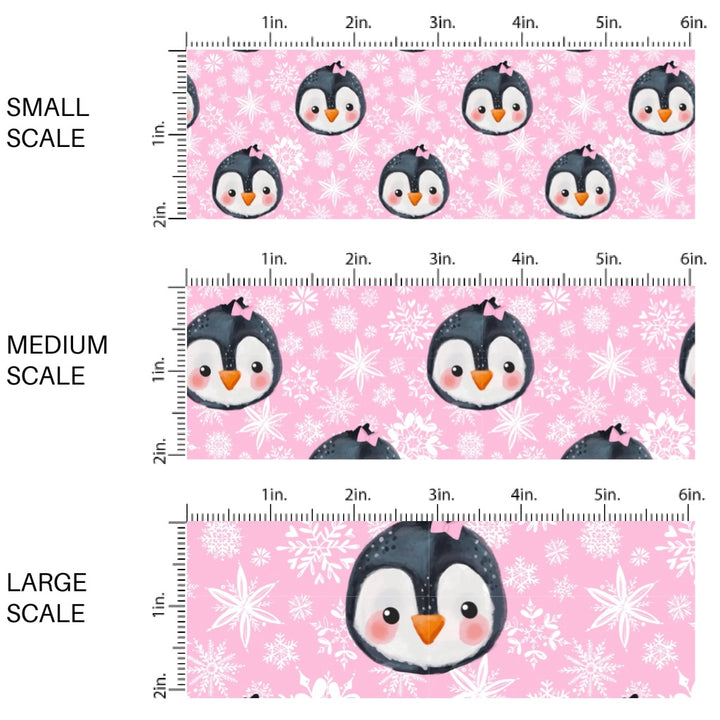 These winter themed pattern fabric by the yard features the following design elements: penguins surrounded by white snowflakes on pink. This fun themed fabric can be used for all your sewing and crafting needs!