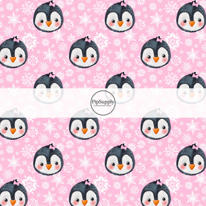 These winter themed pattern fabric by the yard features the following design elements: penguins surrounded by white snowflakes on pink. This fun themed fabric can be used for all your sewing and crafting needs!