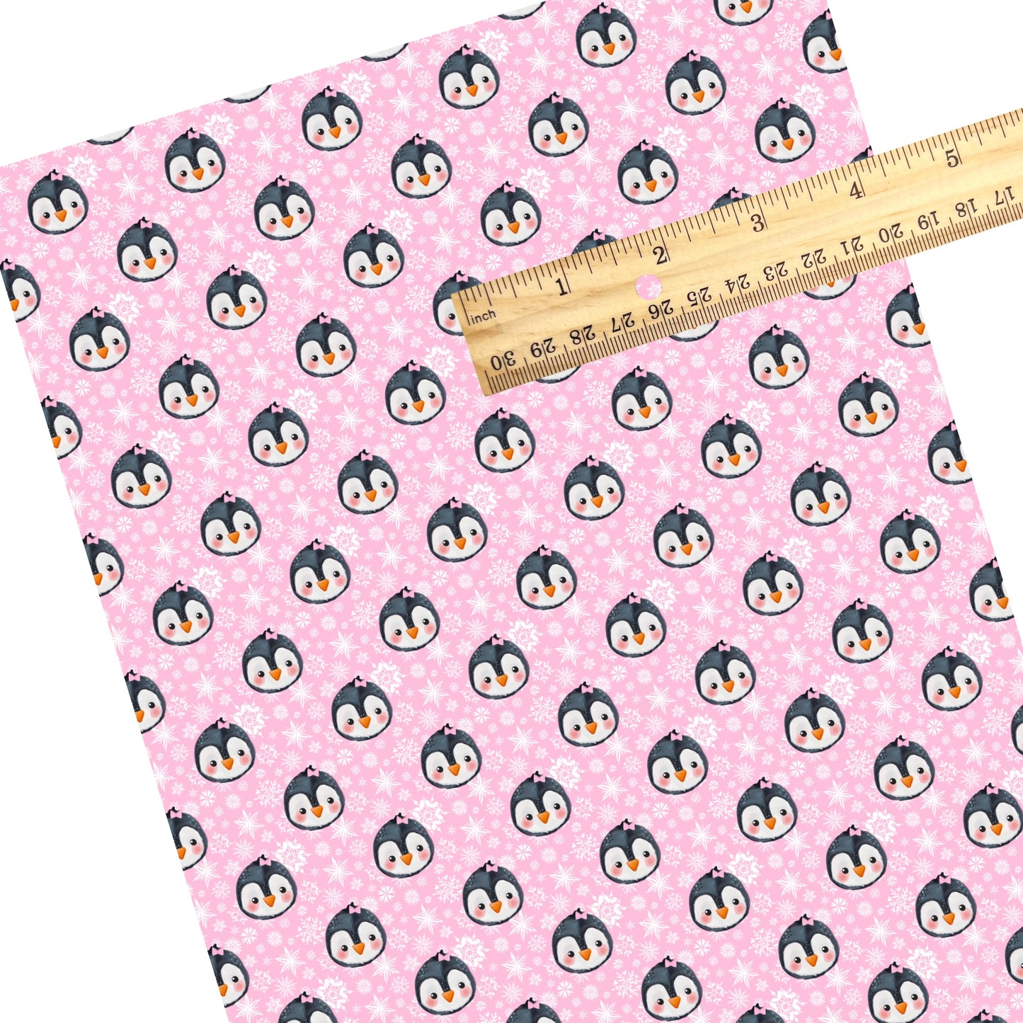 These winter themed pattern faux leather sheets contain the following design elements: penguins surrounded by white snowflakes on pink. Our CPSIA compliant faux leather sheets or rolls can be used for all types of crafting projects.