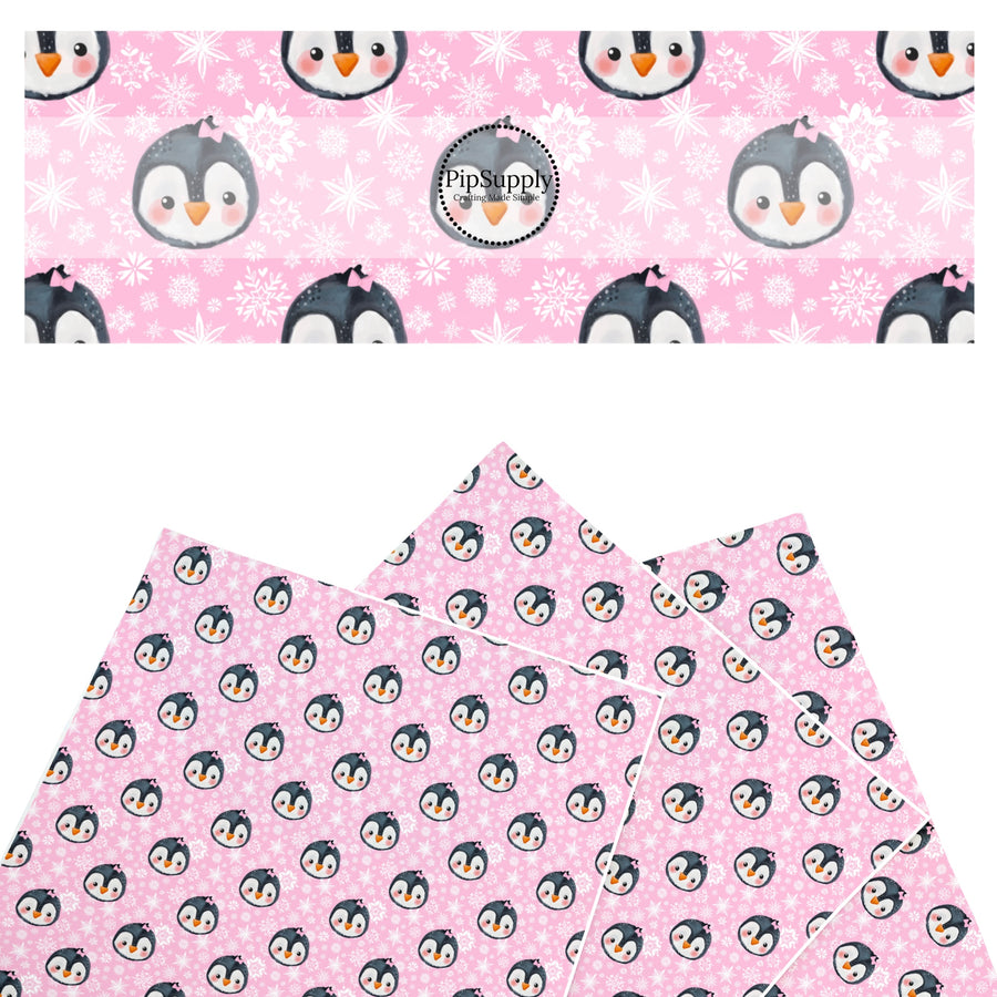 These winter themed pattern faux leather sheets contain the following design elements: penguins surrounded by white snowflakes on pink. Our CPSIA compliant faux leather sheets or rolls can be used for all types of crafting projects.