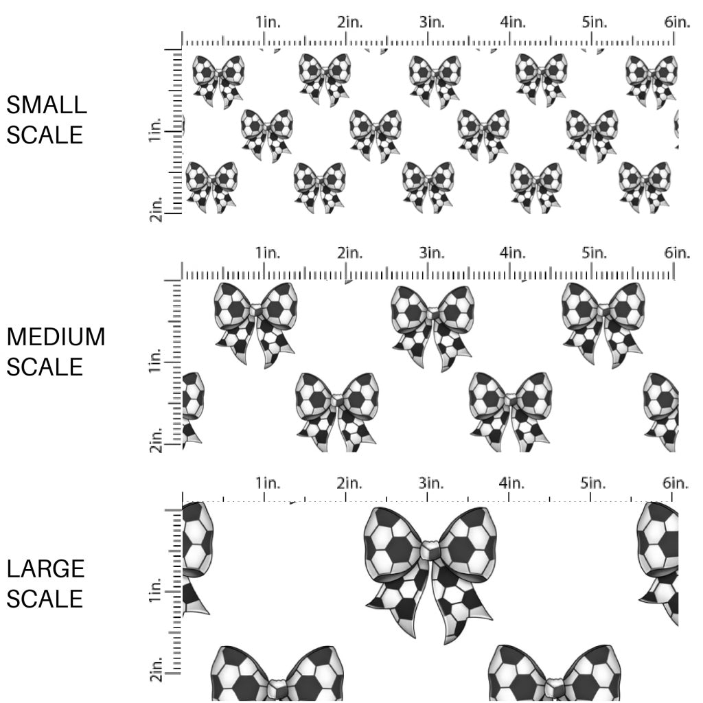 These sports themed fabric by the yard features white soccer ball bows. This fun pattern fabric can be used for all your sewing and crafting needs!