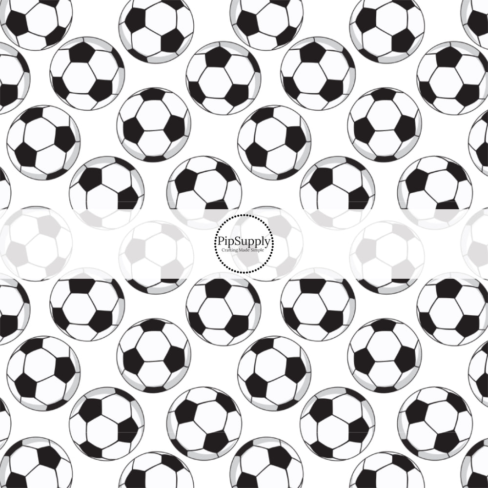 Scattered soccer balls on white bow strips