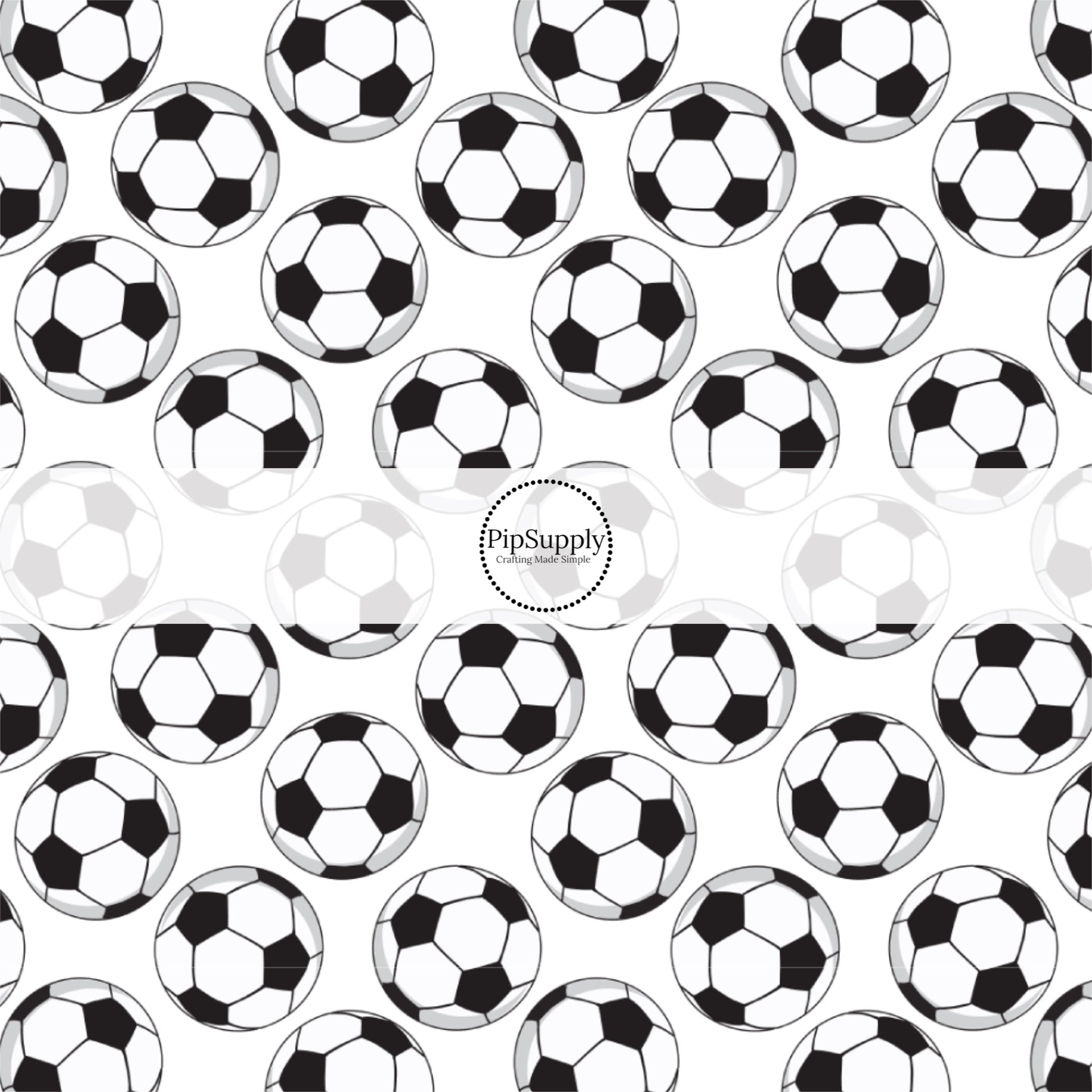 Scattered soccer balls on white bow strips